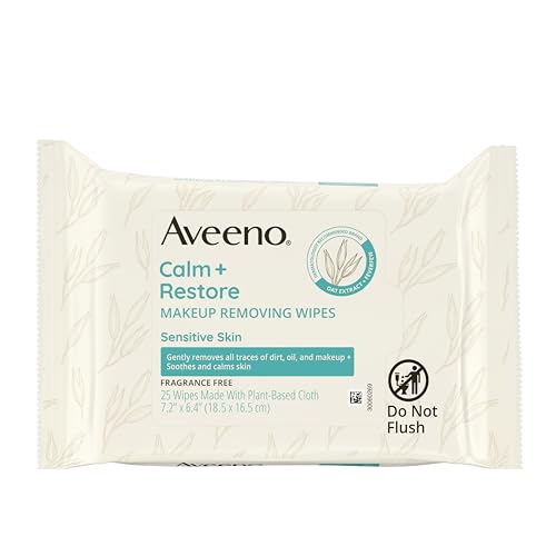 Aveeno Calm + Restore Unscented Makeup Remover Wipes for Face, Fragrance-Free Facial Towelettes with Oat Extract & Calming Feverfew, Sensitive Wipes Leave Skin Feeling Soothed, Alcohol-Free, 25 Ct