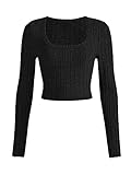GORGLITTER Crop Top Damen Langarm Strick Oberteil Bauchfreies Langarmshirt Crop T Shirt Eng Oberteil Mit U Ausschnitt Schwarz XS