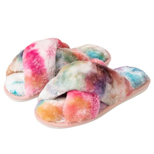 Image of Enteer Women's Slipper Memory Foam Cross Band Fuzzy Slippers Open Toe Cozy House Slippers Cozy Plush Bedroom Indoor Outdoor