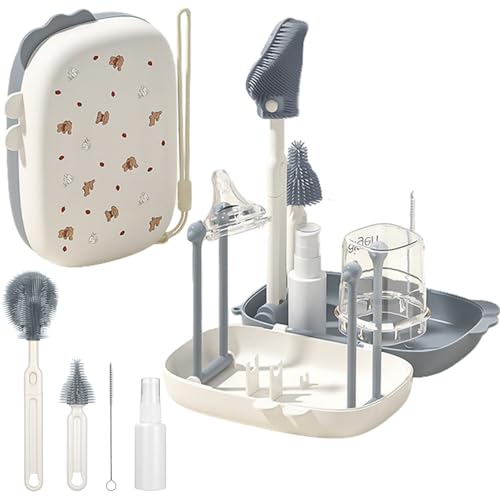 7 en 1 Cepillo Limpia biberones de Silicona, Kit Completo de Limpieza de biberones con Cepillos de Silicona, Cepillo para pezón para Pajita, dispensador de jabón y Estante de Secado