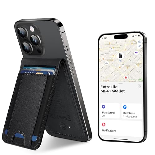 ExtreLife MagSafe Wallet Work with Apple Find My Magnetic Phone Wallet Stand for iPhone 17/16/15/14/13/12 Series 8 Card Holder RFID Blocking Rechargeable Classic Black