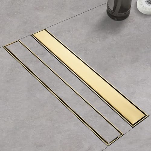Kuaisailsk Linear Shower Drain with Tile Insert Panels 24 Inch Brushed Gold 304 Stainless Steel Rectangle Shower Floor Drainwith Hair Catcher Adjustable Feet