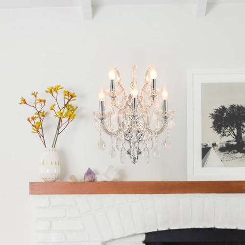 Image of YLONG-ZS Large Modern Crystal Wall Sconce, Lights-5 Light Crystal Wall Sconce Lighting ,Chrome Wall Lamp Chandelier Light Fixtures for Living Room Bedroom Bathroom Over Mirror