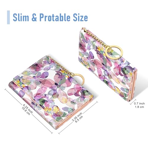 Image of Rouidr Womens Wallet, Small Slim RFID Card Wallets for Women, Cute Front Pocket Trifold Leather Card Organizer with 7 Slots & ID Window, Colorful Flowers