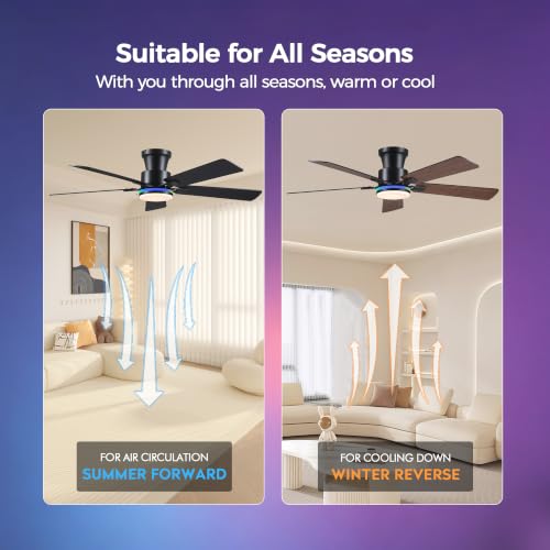 Image of JSAITEE 52in Flush Mount Ceiling Fans with Lights Low Profile, Brown RGB | Ceiling Fans with Lights Flush Mount Low Profile, Reversible Motor, 3CCT Dimmable, Noiseless, 6 Speeds, Brown Modern