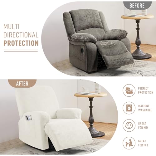 Image of KinCam Recliner Covers, Stretch Reclining Chair Covers, Recliner Sofa Slipcovers Stripe Jacquard Recliner Couch Covers Furniture Protector Covers for Pet Kid (1 Seater, Cream)