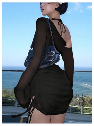 GORGLITTER Women's One Shoulder Swimsuit Coverups Dress Bell Long Sleeve Drawstring Beach Vacation Summer Dresses 20252