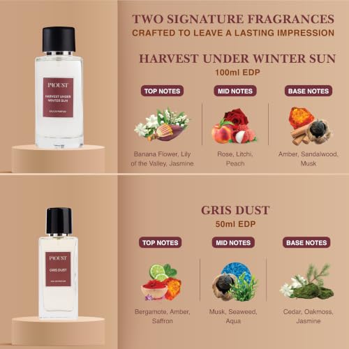 Image of PROUSTFRAGRANCES Harvest Sun Perfume 100ml Raksha Bandhan Gift Set | Gris Dust EDP 50ml, 2 Designer Rakhis & 1 Tester included | Luxury festive perfume featuring warm floral and aquatic notes