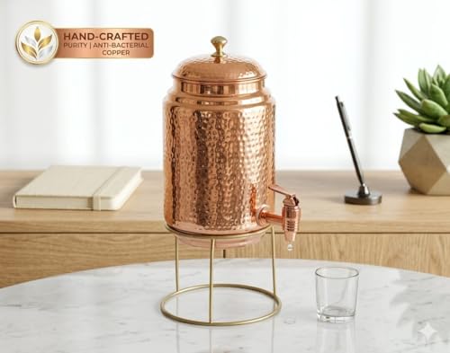 Image of 5 Litre Pure Copper Water Dispenser with Stand | Hammered Ayurvedic Matka Pot for Healthy Drinking Water (Jointless, 5000ml