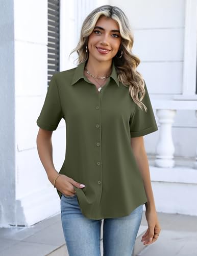 Image of Zeagoo Button Down Shirts for Women Short Sleeve Collared Tops Dressy Casual V Neck Blouses