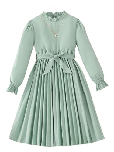 Girls Pleated Dress Puff Long Sleeve Pleated Dresses Tie Waist Button Front A Line Dress for Girl 7-14Y