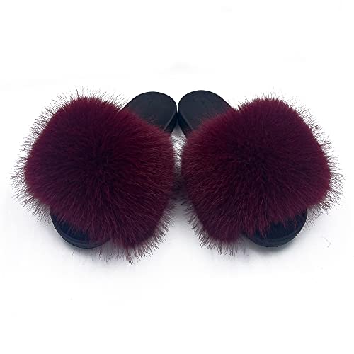 Image of Women's Faux Fur Slides Slippers Fluffy Fuzzy Sandals Open Toe Furry Slide Flip Flop Indoor Outdoor