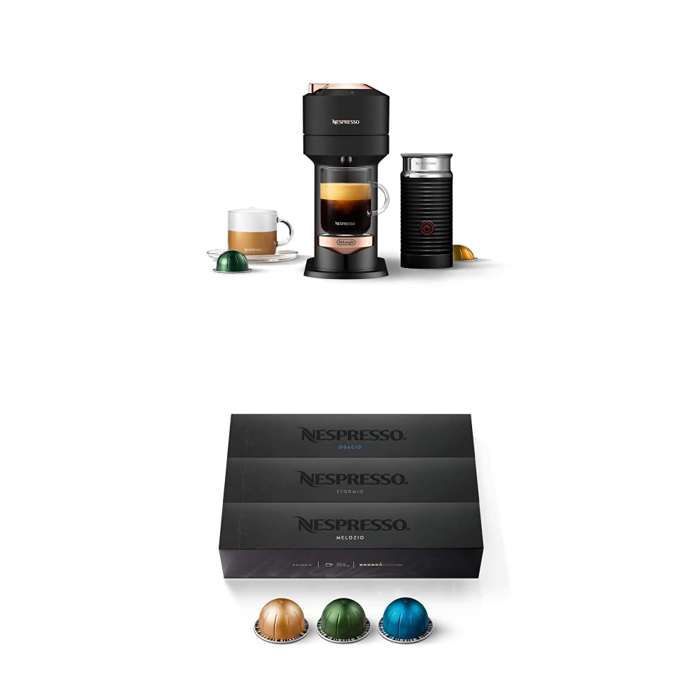 Nespresso Vertuo Next Coffee and Espresso Maker by De'Longhi,Deluxe Matte Black Rose Gold with Aeroc