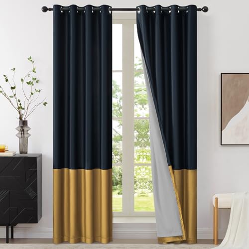 BULBUL Navy Blue Gold 100% Full Blackout Velvet Curtains,90 inches Long Modern Liner Curtains Thermal Drapes Panels for Living Room Bedroom Grommet Set of 2