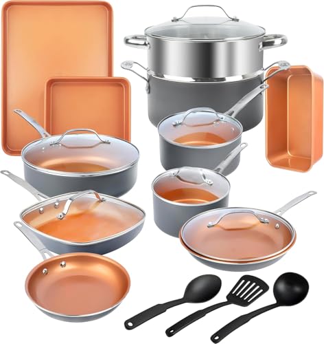 GOTHAM STEEL 20 Pc Ceramic Cookware Set, Copper Pots and Pans Set Non Stick with Bakeware, Cooking Utensils, and Steamer, Oven and Dishwasher Safe