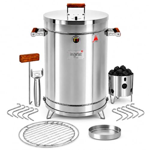 3-in-1 Stainless Steel Smoker Barrel Grill Portable Charcoal BBQ with Thermometer 25 lbs Outdoor Cooking Smoker for Camping Backyard & Home BBQ INGRILL