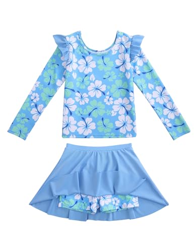 Image of Girls Rash Guard Swimsuit Set Long Sleeve 2 Pieces Bathing Suit Swimming Skirt with Shorts 4-13Y