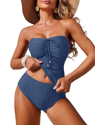 Image of ZAFUL Bandeau Tankini Swimsuits for Women Tummy Control Slim Fitted Swimwear Strapless 2 Piece Bathing Suit