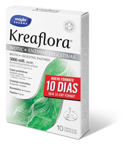 Kreaflora Biotic + Enzimas Digestivas | Con Cepas probióticas + Complejo enzimático + Bromelaína + Papaína | 10 cápsulas.