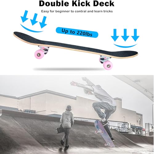 31 x 8 Zoll Komplettes Skateboard für Anfänger - 8-Lagiges Ahornholz, ABEC-11 Kugellager, Double Kick Deck Concave für Jugendliche und Erwachsene (Pink-JG)
