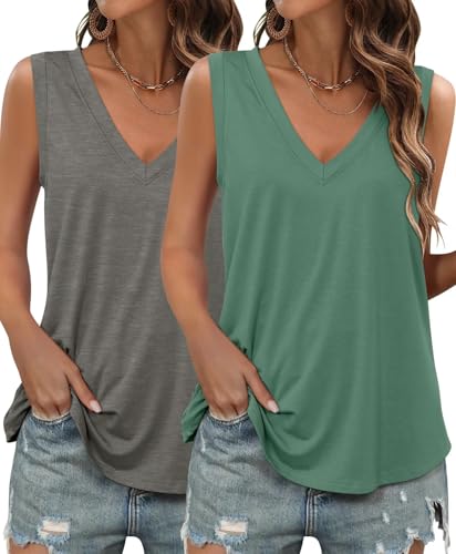 KKJ 2 Pack Womens Tank Tops Workout V Neck Tees Summer Sleeveless Loose Fit Casual Outfits Shirts Fall Fashion Clothes