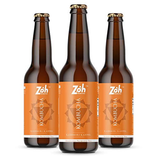 Image of Zoh Probiotics Kashmiri Kahwa Kombucha | Green Tea With And Digestive Enzymes. Raw, Unfiltered, And Unpasteurized With Mother. Made With Saffron & Spices(330 Ml, Pack Of 3)