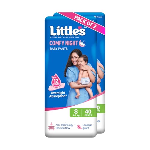 Image of Little's Baby Diapers S Size (Small) Pants Style | 4-8 kg | 80 Count | Comfy Nights Baby Diaper Pants with Leakage Guard & Upto 12 Hours Absorption (40 Count, Pack of 12)