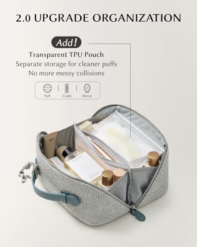 Image of EACHY Travel Makeup Bag, Woven Travel Toiletry Bag, Portable 180 Wide-Open Flat Cosmetic Bags for Women, Large Capacity Makeup Pouch with Divider and Handle