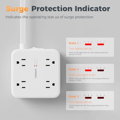 Image of TESSAN Dual Surge Protector Power Strip, 10 Ft Extension Cord Flat Plug