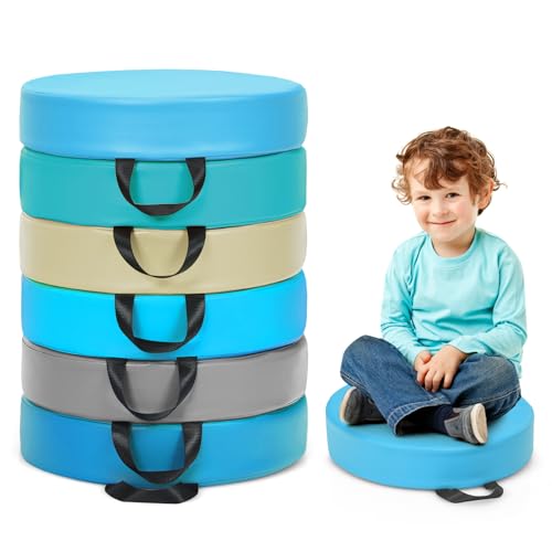 DORTALA 6 PCS Round Flexible Seating Floor Cushions, PU + EPE Portable Classroom Cushion w/Handles, Stackable Seating Cushions for Classroom, Daycare, Preschool (Blue)