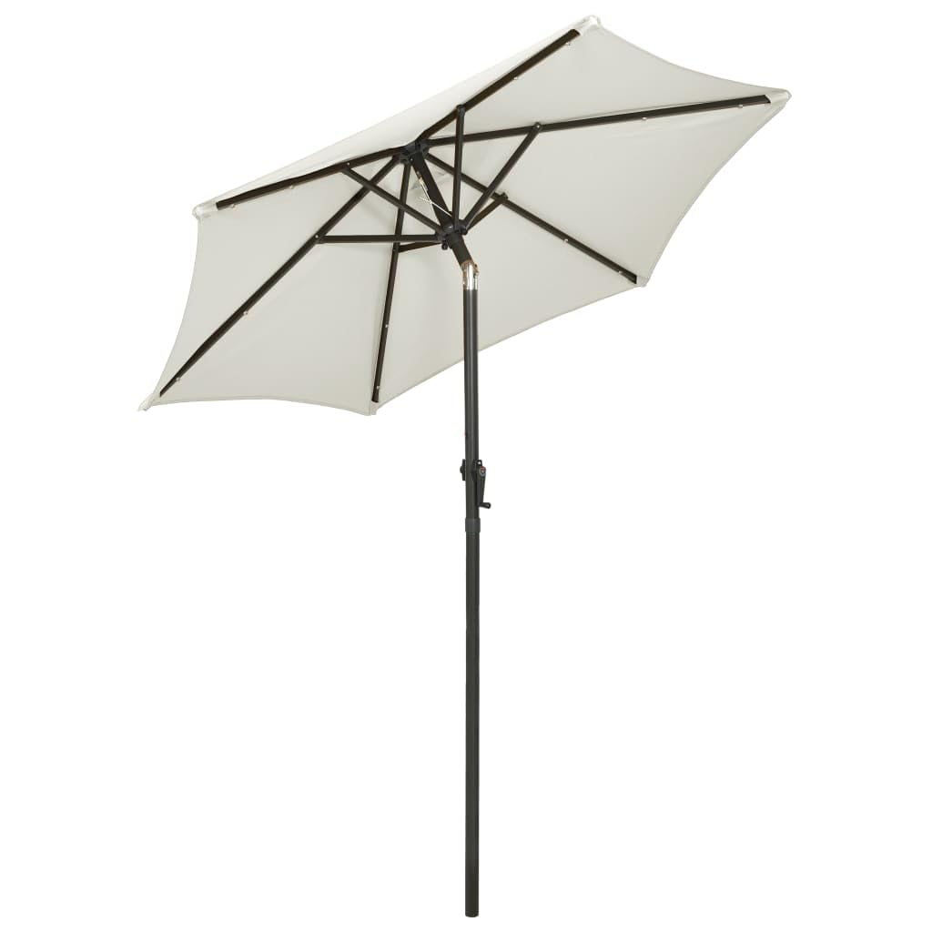 Parasol przeciwsłoneczny z oświetleniem LED, kolor piaskowo-biały, 200 x 211 cm, aluminium, pochylony, korba, ochrona przed promieniowaniem UV, wodoszczelny, zapewnia cień do ogrodu, na