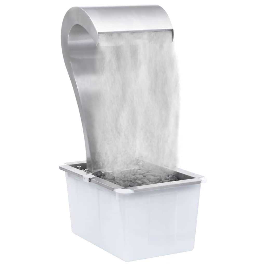 Fontana da giardino a cascata in acciaio inox, colore argento, 34 x 49 x 82 cm, con pompa, luce a LED, luce bianca calda, cascata per giardino, terrazza, laghetto, esterno, Feng Shui