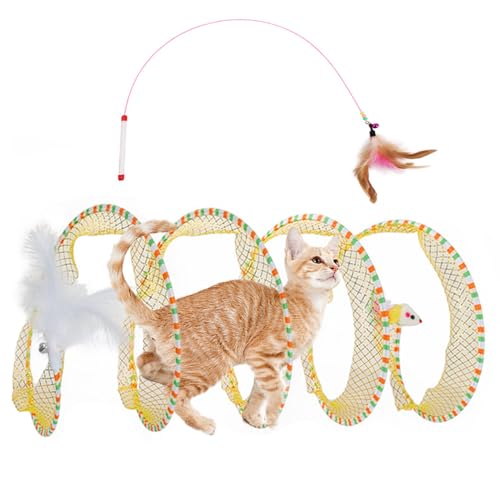 Spiral Tunnel Cat Toy 25.59 Inches Unfolded with Cat Wand Self Play Collapsible Hunting Spiral Tunnel with Feather Mouse Toys and Bell for Indoor Kitten Play Chase Exercise (Yellow)