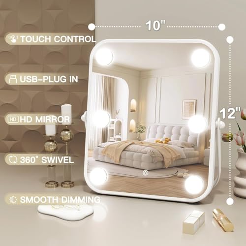 Image of Hollywood Vanity Mirror with Lights, Personal Makeup Mirrors with 6pc LED Bulbs, Cosmetic Mirrors for 3 Color Lighting,Touch Control (White)
