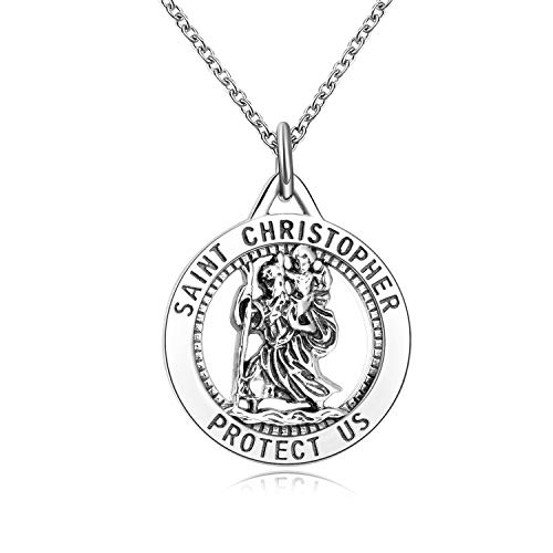 LUHE for Grandma Saint Christopher Necklace Sterling Silver Protect Us Round Medallion Religious Pendant Necklace for Women