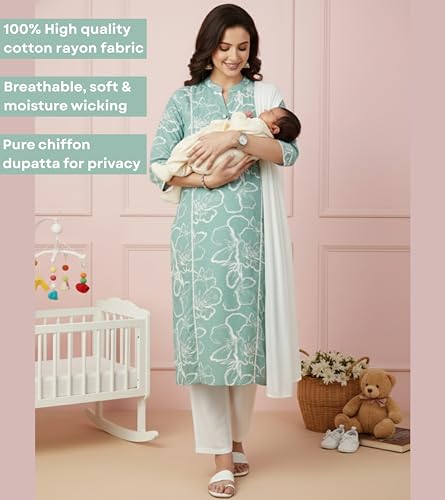 Image of DUMMY SHAPE Maternity Dresses for Women Cotton | Floral Kurta Pant Dupatta Set with Nursing Zippers, Side Pocket | Pre & Post Pregnancy | Feeding Kurti Suit | Baby Shower | Gifts for Pregnant Woman