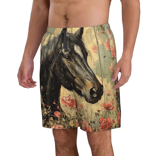 Men's Swim Trunks Beach Board Shorts Swimming Quick Dry - Funny Horse Floral Vintage2