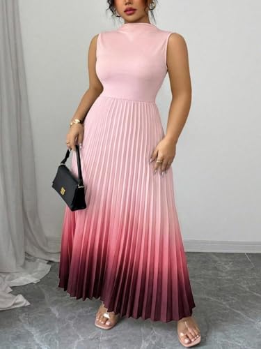 Image of SOLY HUX Women's Plus Size Summer Ombre Sleeveless Flowy Maxi Dress | Birthday, Pleated A Line, Mock Neck, Formal Outfits,Cocktail, Wedding, Graduation