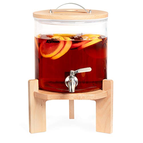Navaris Dispensador de Bebidas de Cristal - Botella con Grifo Soporte y Tapa de Madera para Bebida Caliente o fría - Garrafa de Agua de 5 L - Sin BPA