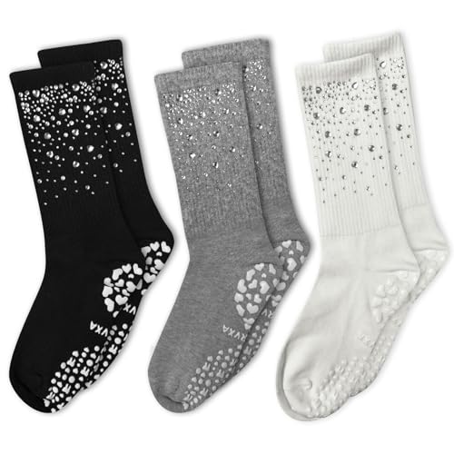 COARVXA 3 Pairs Cute Pilates Grip Socks for Women Bling Glitter Rhinestone Crew Non Slip Grip Socks for Yoga Barre Barefoot