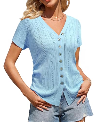 Image of Messic Womens Short Sleeve Sweaters V Neck Casual Summer Knit Pullover Tops