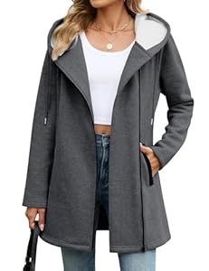 Vancavoo Fleecejacke Damen Sweatjacke mit Kapuze Übergangsjacke Hoodie Jacke Elegant Kapuzenpullover Frühling Herbst Lang Kapuzenjacke mit Taschen, Dunkelgrau, M