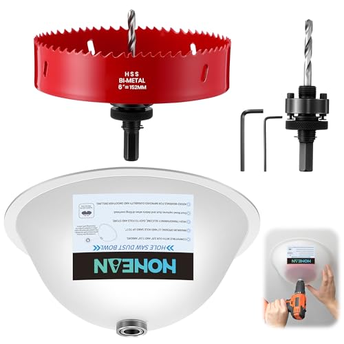 6 Inch Bi Metal Hole Saw with Drill Dust Bowl, Hole Cutter Kit for Wood Metal Drywall and Plastic, Includes Arbor, Pilot Bit, Replacement Bit and Hex Key, Clean, Precise, Dust Free Drilling