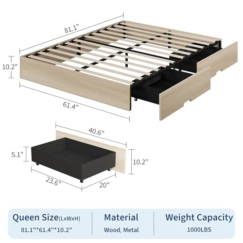 Image of GarveeHome Wood Platform Bed Frame, Queen Bed Frame with 2 Drawers | Floor Bed Frame, Low Profile Design, Wood Slat Support, No Box Spring Needed, Easy Assembly