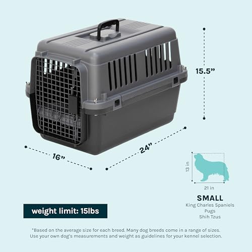 Image of SportPet Airline Compliant Small 24 inch Travel Dog Kennel - Durable Plastic Airline Pet Carrier (No Wheels) & Food Bowls, Collapsible Indoor /Outdoor Dog Kennel, Dogs up to 21 inch L & 13 inch H - Dark Gray