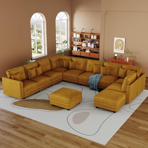 Image of LLappuil 11-Seat Modular Sectional Sofa with Storage, Oversized V-Shaped Corduroy Couch with 10 Throw Pillows, Pet-Friendly Convertible Pit Sofa for Large Living Room, Skin-Friendly, Yellow