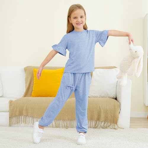 Image of Kids Girls Outfits Ruffle Sleeve T-Shirt Pants Set 2Piece 4-13 Years