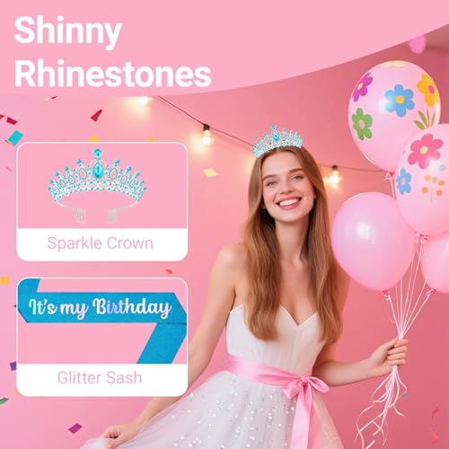 Birthday Tiara and Crown with Sash, Birthday Tiara for Women Party (Blue)