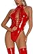 FEOYA Latex Dessous Frauen Sexy Damen Wet Look PVC Leder Dessous Bodysuit Sexy Ärmellos Krawattenriemen Tiefer V-Ausschnitt Bodycon Bodysuits Damen Nachtwäsche Clubwear Tanzparty Kostüm D-Rot 3XL