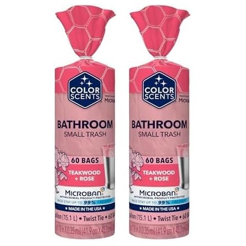 Color Scents Small Trash Bags - 4 Gallon, 60 Bags (2 Pack of 60 Count), Twist Tie - Pink Bag in Teakwood + Rose Scent with Microban Cover